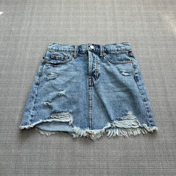 Upcycled Aeropostale Denim Skirt‎ size 00 Blue Mini Distressed Frayed Y2K - Picture 1 of 8